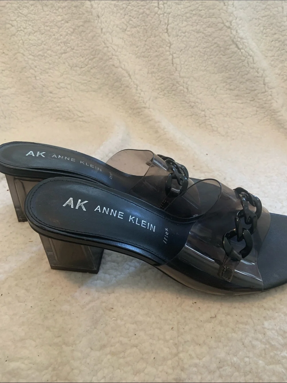 Anne Klein Black Slide Sandals with Clear Strap and Chain Accent